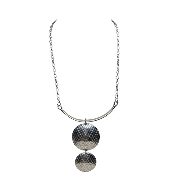 Silver-Tone Textured Double Disc Pendant Necklace With Adjustable Chain - Picture 1 of 8
